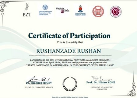 Senior researcher of the Institute of Philosophy and Sociology R. Rushanzade was awarded an international certificate
