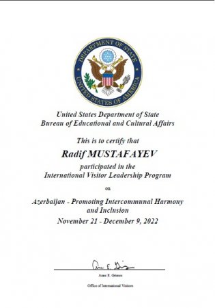 Dosent Radif Mustafayev ABŞ Dövlət Departamentinin sertifikatı ilə təltif olunub