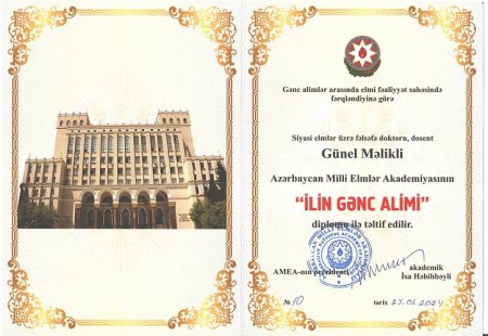 Gənc alim Günel Məlikli "İlin gənc alimi" diplomu ilə təltif edilib