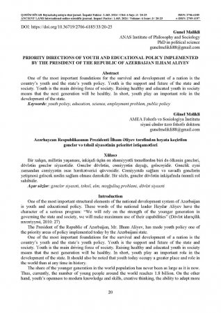 Gənc alim,  Günel Məliklinin “PRIORITY DIRECTIONS OF YOUTH AND EDUCATIONAL POLICY IMPLEMENTED BY THE PRESIDENT OF THE REPUBLIC OF AZERBAIJAN ILHAM ALIYEV” adlı məqaləsi impfaktorlu (ERIH PLUS)  jurnalda nəşr olunub